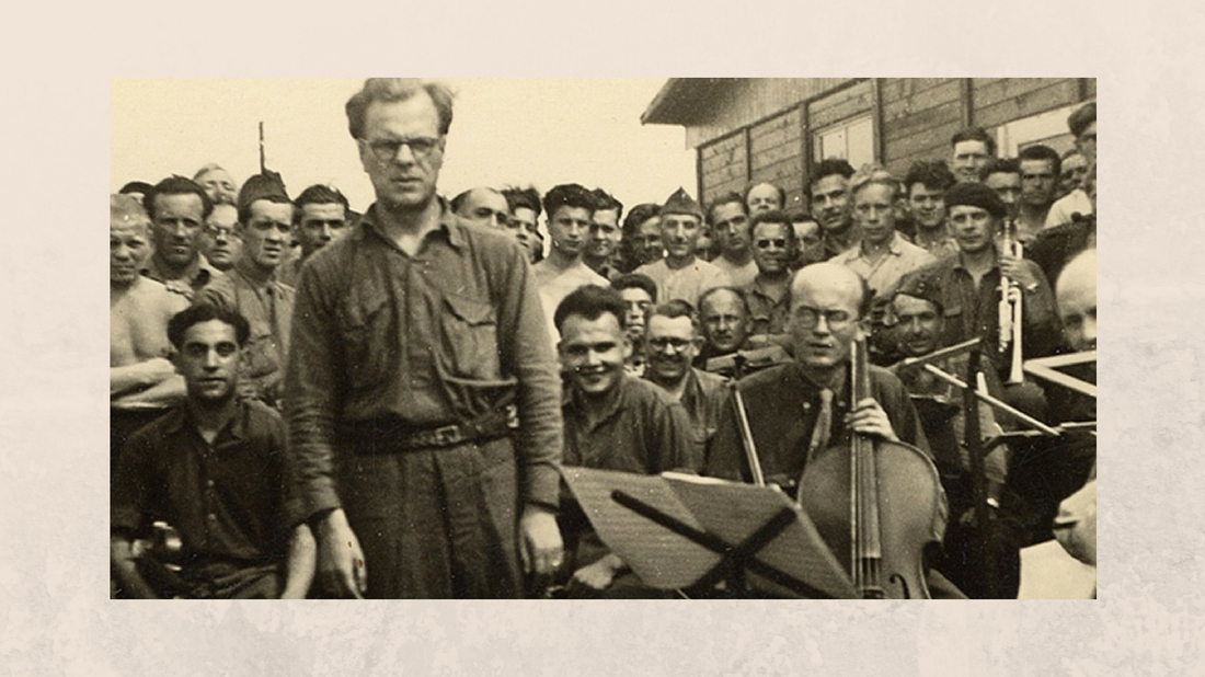 A prisoner orchestra at Stalag VIII-A in Goerlitz (Germany), with Ferdinand Carrion conducting