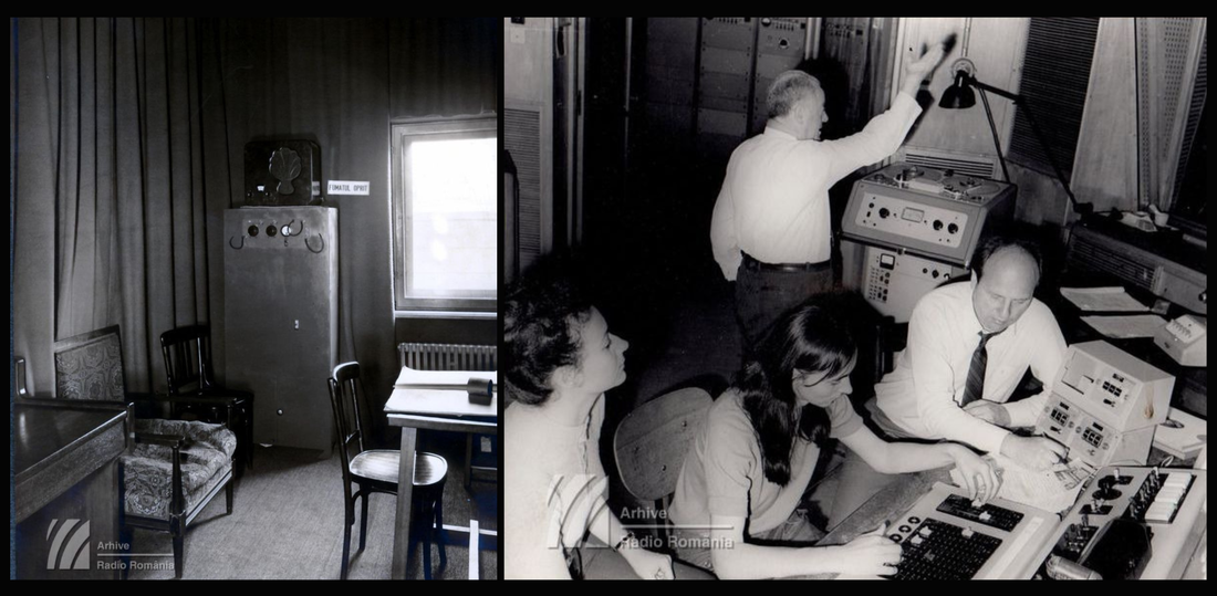 Left: Technical broadcast booth (1938). Right: Recording 'Întoarcerea' (The Return) (1971). Photo credits: Arhive Radio România